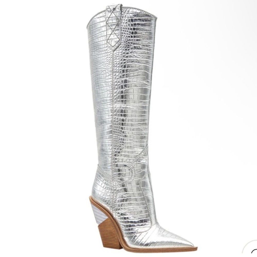 Silver Croc-Embossed Knee-High Boots - Picture 2 of 9